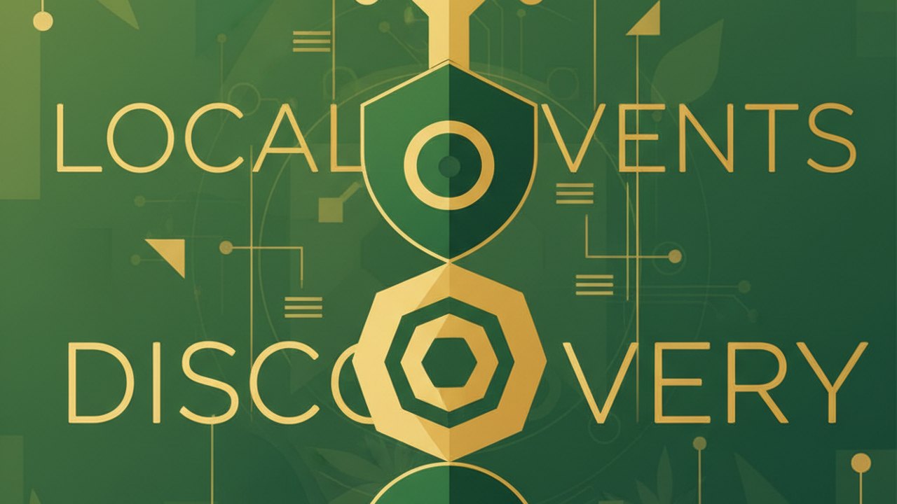 Abstract forest green and warm gold cover illustration for the Local Events Discovery project (2022), showing stacked service tiers with Mongo, Express, React, and Node glyphs.