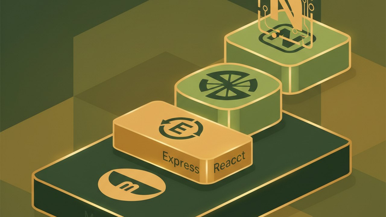 Abstract forest green and warm gold cover illustration for the Meme Feed project (2024), showing stacked service tiers with Mongo, Express, React, and Node glyphs.