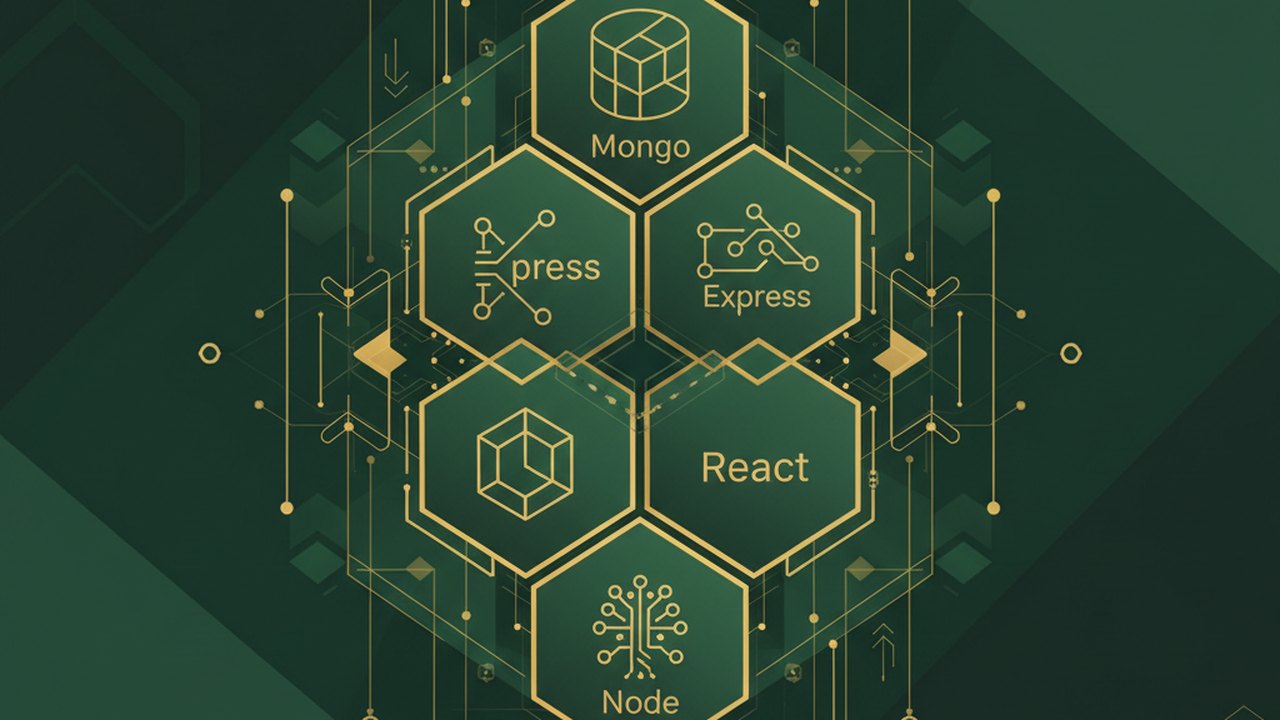 Abstract forest green and warm gold cover illustration for the Meme Feed project (2024), showing stacked service tiers with Mongo, Express, React, and Node glyphs.
