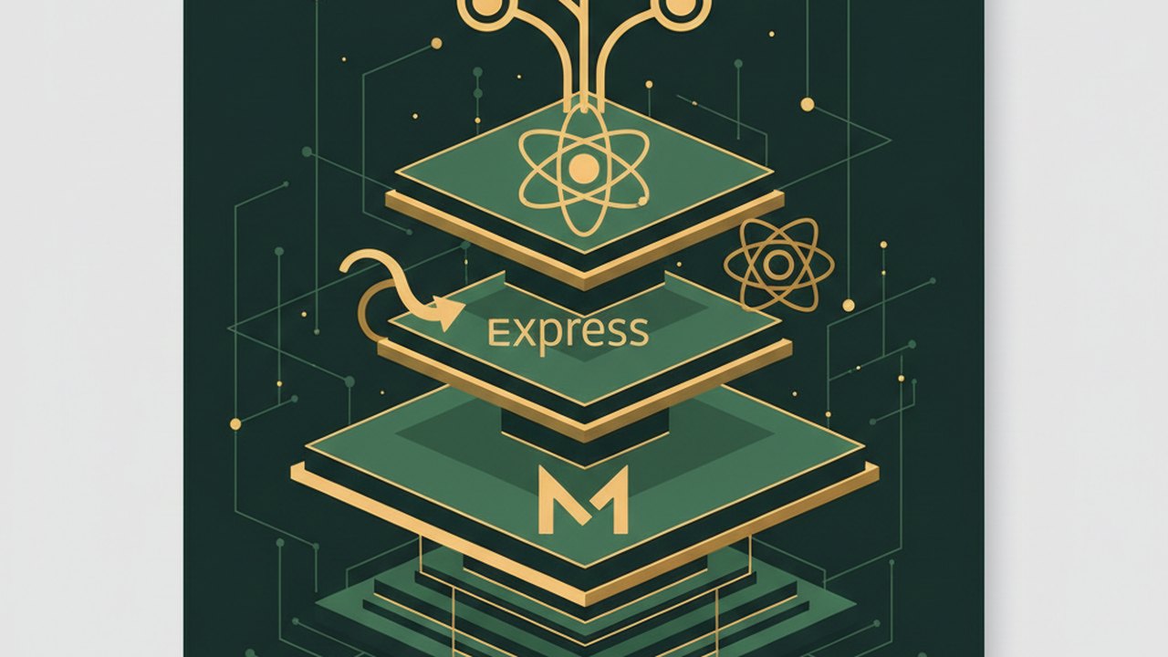 Abstract forest green and warm gold cover illustration for the Movie Review Community project (2022), showing stacked service tiers with Mongo, Express, React, and Node glyphs.