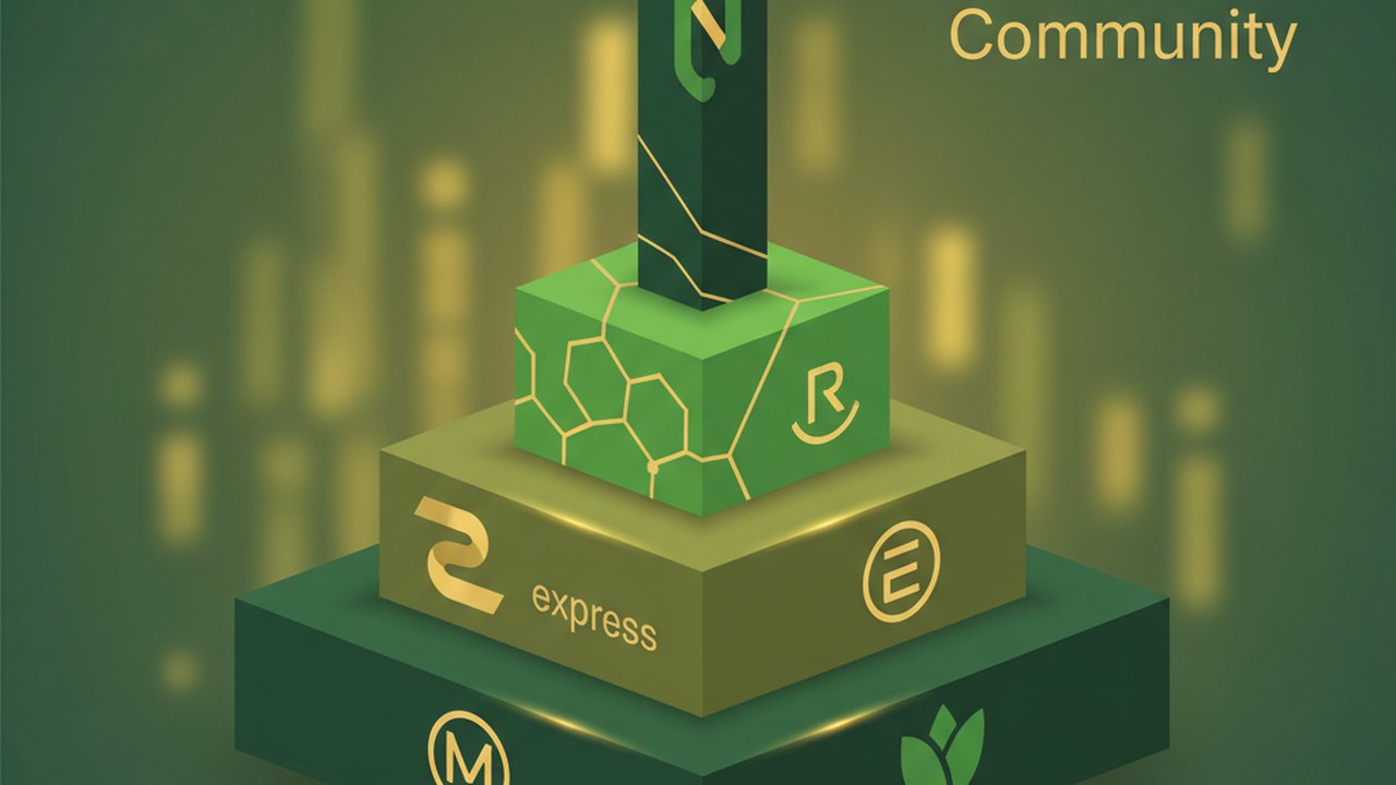 Abstract forest green and warm gold cover illustration for the Movie Review Community project (2022), showing stacked service tiers with Mongo, Express, React, and Node glyphs.