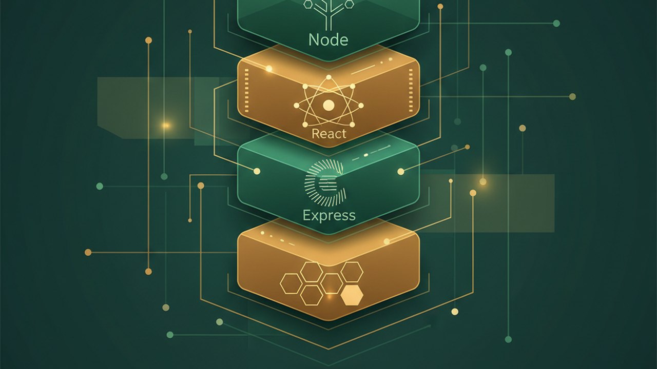 Abstract forest green and warm gold cover illustration for the Music Playlist Sharing project (2020), showing stacked service tiers with Mongo, Express, React, and Node glyphs.