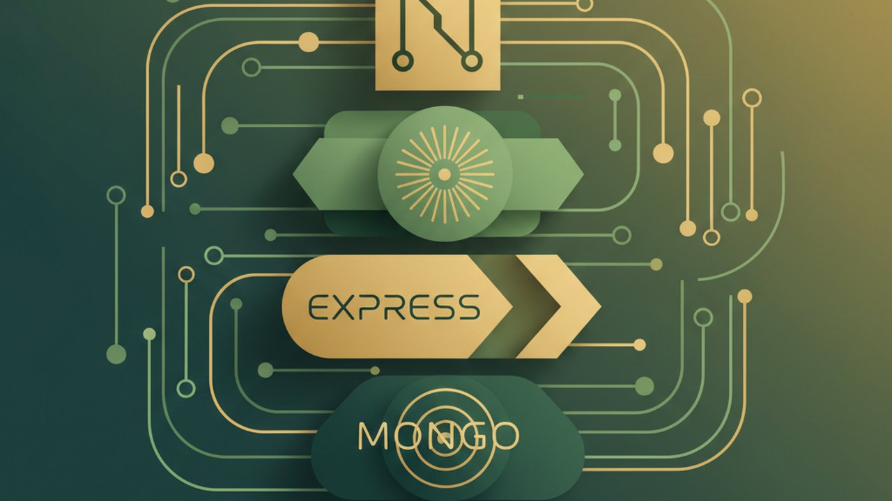 Abstract forest green and warm gold cover illustration for the Music Playlist Sharing project (2020), showing stacked service tiers with Mongo, Express, React, and Node glyphs.