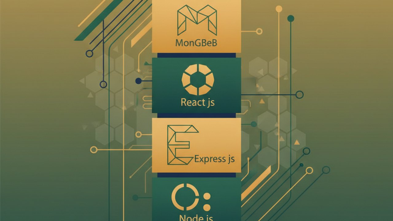 Abstract forest green and warm gold cover illustration for the Online Course Marketplace project (2022), showing stacked service tiers with Mongo, Express, React, and Node glyphs.