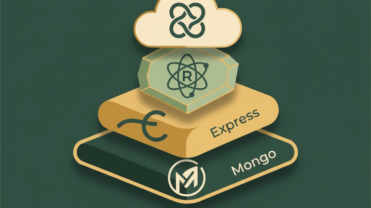 Abstract forest green and warm gold cover illustration for the Online Course Marketplace project (2022), showing stacked service tiers with Mongo, Express, React, and Node glyphs.