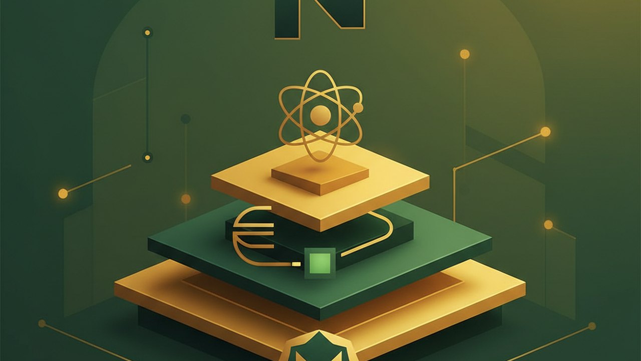 Abstract forest green and warm gold cover illustration for the Pet Adoption Board project (2020), showing stacked service tiers with Mongo, Express, React, and Node glyphs.