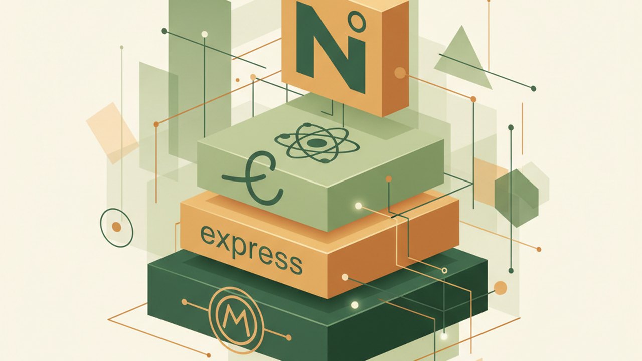 Abstract forest green and warm gold cover illustration for the Pet Adoption Board project (2020), showing stacked service tiers with Mongo, Express, React, and Node glyphs.