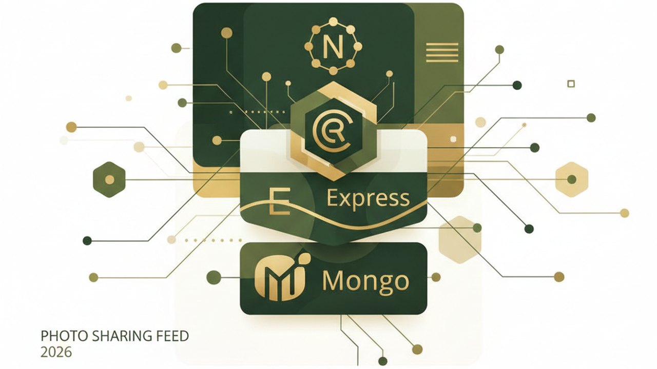 Abstract forest green and warm gold cover illustration for the Photo Sharing Feed project (2024), showing stacked service tiers with Mongo, Express, React, and Node glyphs.