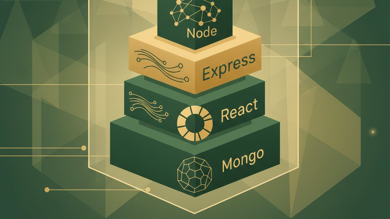 Abstract forest green and warm gold cover illustration for the Q&A Community Forum project (2024), showing stacked service tiers with Mongo, Express, React, and Node glyphs.