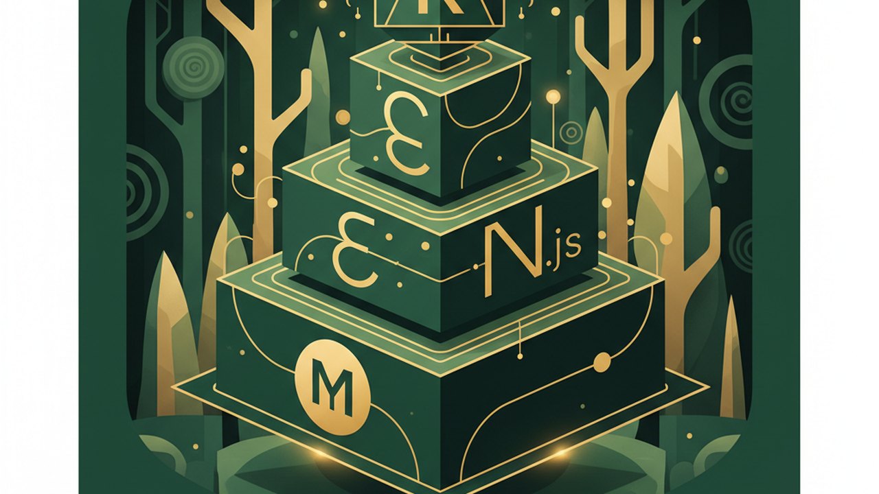 Abstract forest green and warm gold cover illustration for the Q&A Community Forum project (2024), showing stacked service tiers with Mongo, Express, React, and Node glyphs.