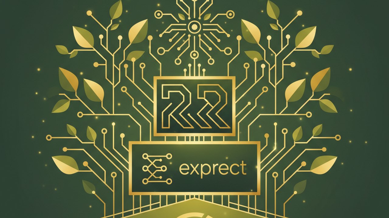 Abstract forest green and warm gold cover illustration for the Q&A Community Forum project (2024), showing stacked service tiers with Mongo, Express, React, and Node glyphs.