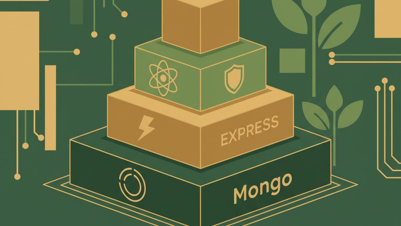 Abstract forest green and warm gold cover illustration for the Real-Time Auction Site project (2024), showing stacked service tiers with Mongo, Express, React, and Node glyphs.