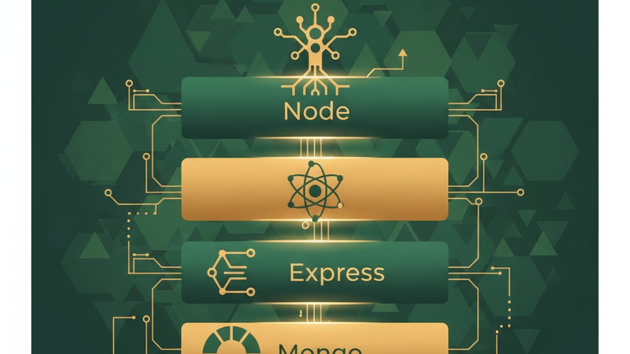 Abstract forest green and warm gold cover illustration for the Real-Time Auction Site project (2024), showing stacked service tiers with Mongo, Express, React, and Node glyphs.