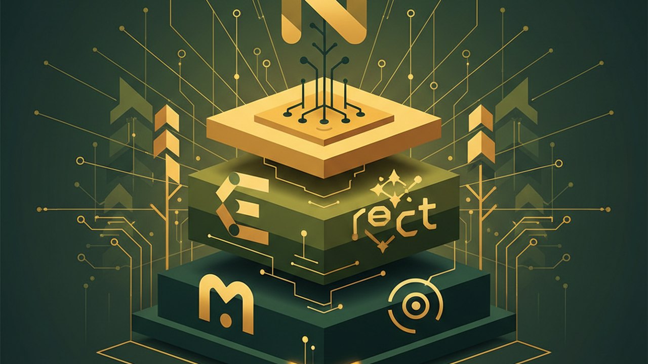 Abstract forest green and warm gold cover illustration for the Real-Time Chat Application project (2024), showing stacked service tiers with Mongo, Express, React, and Node glyphs.