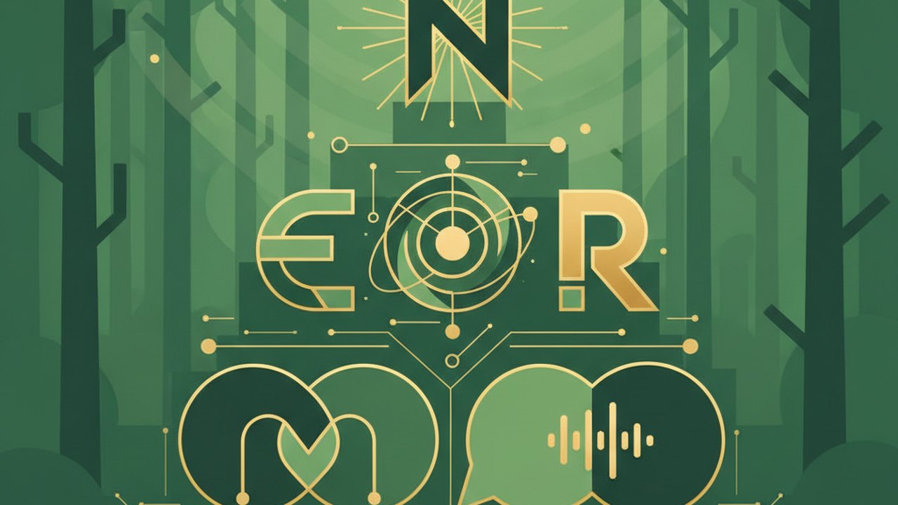 Abstract forest green and warm gold cover illustration for the Real-Time Chat Application project (2024), showing stacked service tiers with Mongo, Express, React, and Node glyphs.