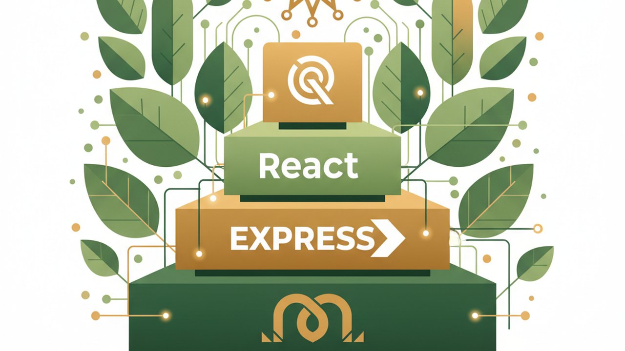 Abstract forest green and warm gold cover illustration for the Recipe Community project (2024), showing stacked service tiers with Mongo, Express, React, and Node glyphs.