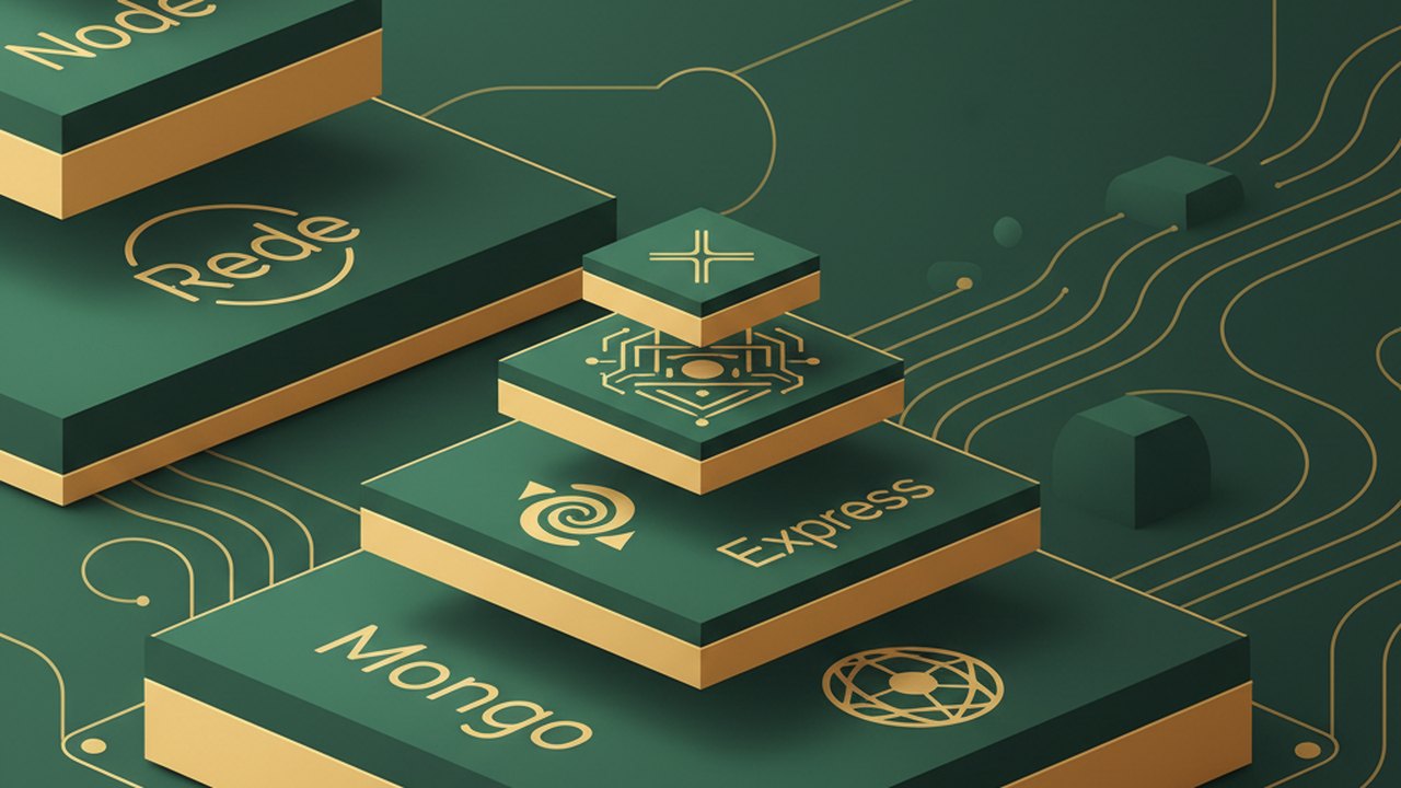Abstract forest green and warm gold cover illustration for the Recipe Community project (2024), showing stacked service tiers with Mongo, Express, React, and Node glyphs.