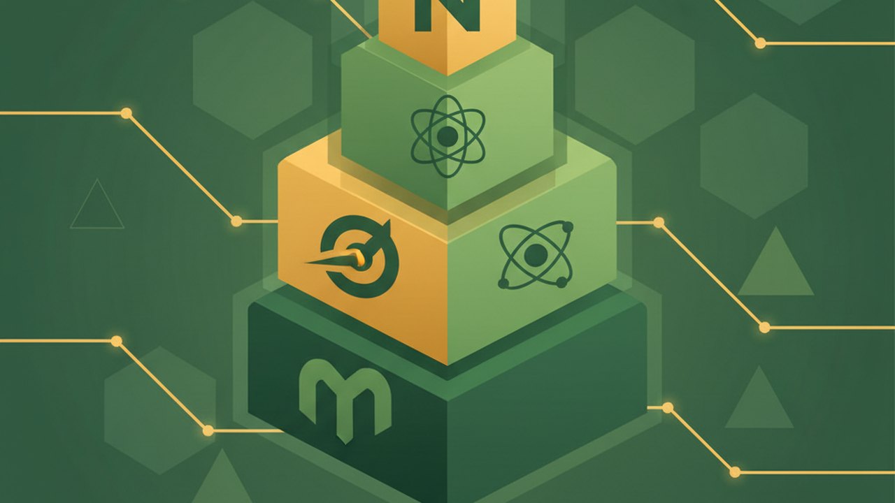 Abstract forest green and warm gold cover illustration for the Ride-Share Board project (2020), showing stacked service tiers with Mongo, Express, React, and Node glyphs.