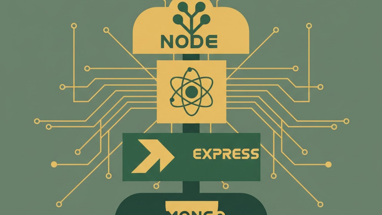 Abstract forest green and warm gold cover illustration for the Ride-Share Board project (2020), showing stacked service tiers with Mongo, Express, React, and Node glyphs.