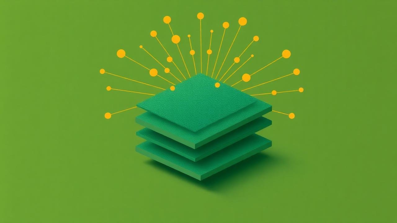 Abstract forest green and warm gold cover illustration for the Social Feed with Reactions project (2024), showing stacked service tiers with Mongo, Express, React, and Node glyphs.
