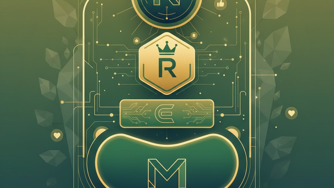 Abstract forest green and warm gold cover illustration for the Social Feed with Reactions project (2024), showing stacked service tiers with Mongo, Express, React, and Node glyphs.