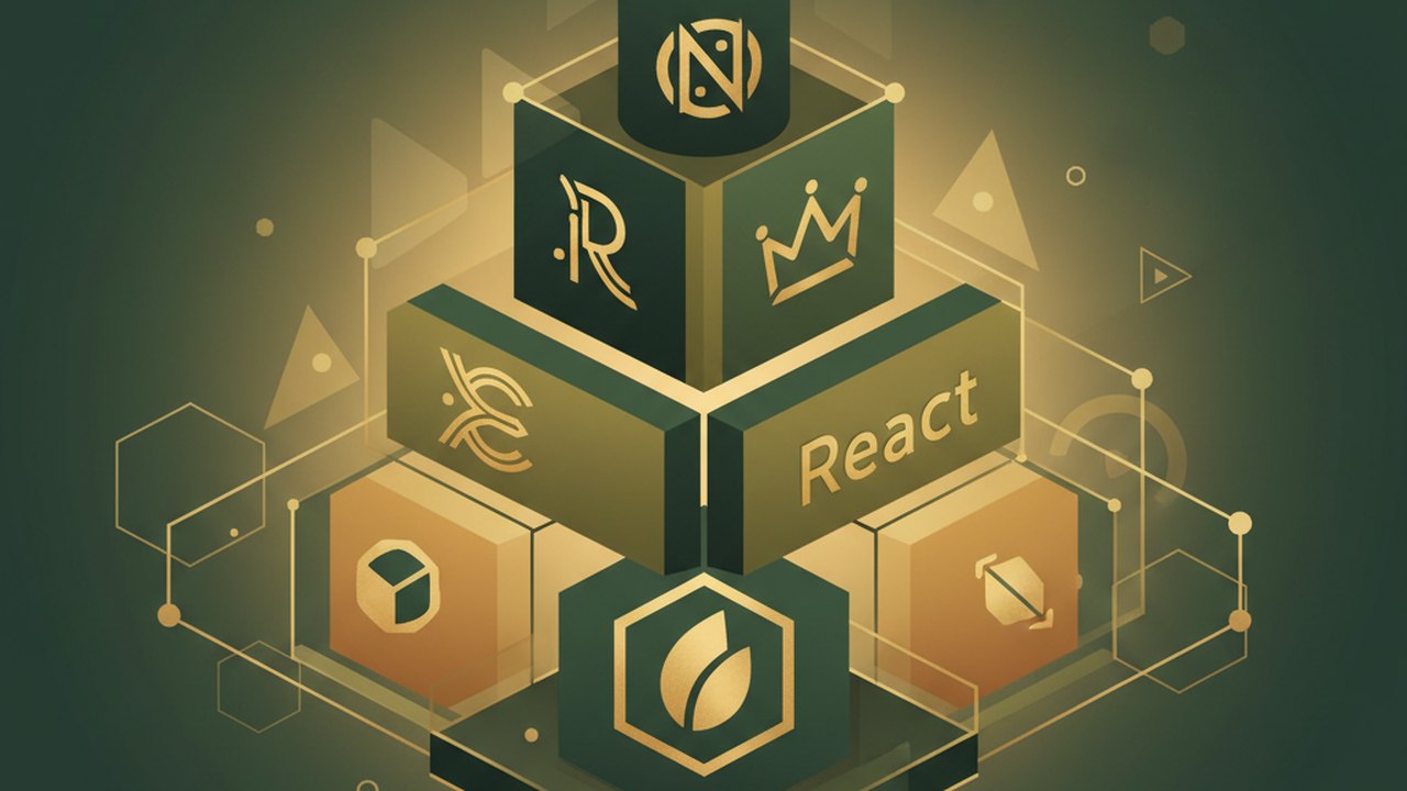 Abstract forest green and warm gold cover illustration for the Social Feed with Reactions project (2024), showing stacked service tiers with Mongo, Express, React, and Node glyphs.