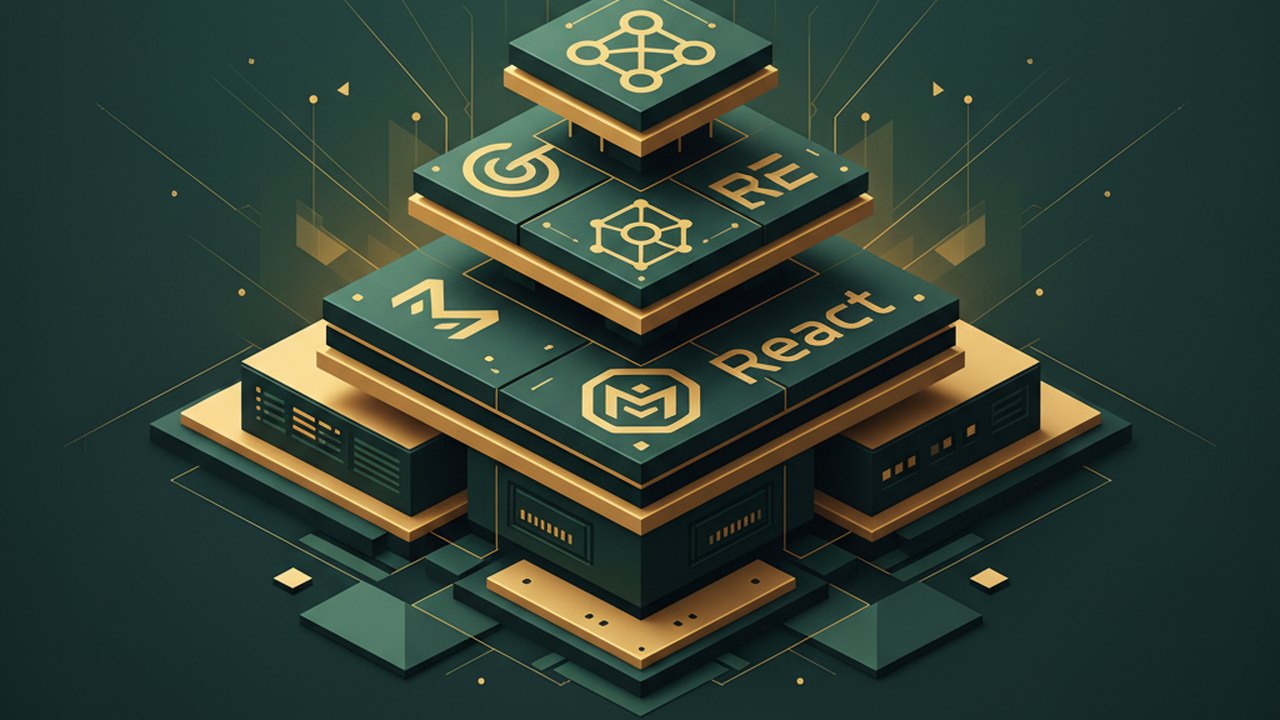 Abstract forest green and warm gold cover illustration for the Startup Directory project (2024), showing stacked service tiers with Mongo, Express, React, and Node glyphs.