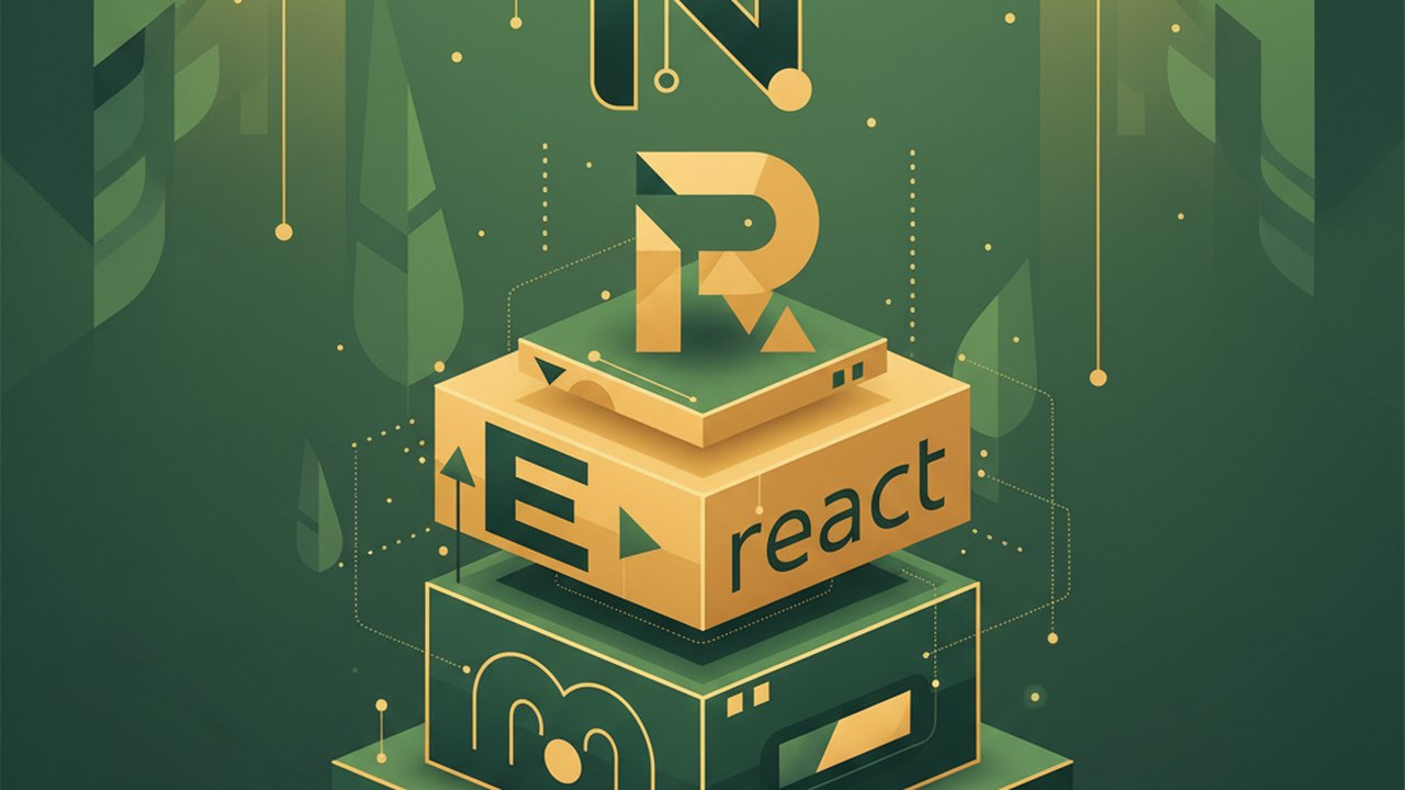 Abstract forest green and warm gold cover illustration for the Startup Directory project (2024), showing stacked service tiers with Mongo, Express, React, and Node glyphs.