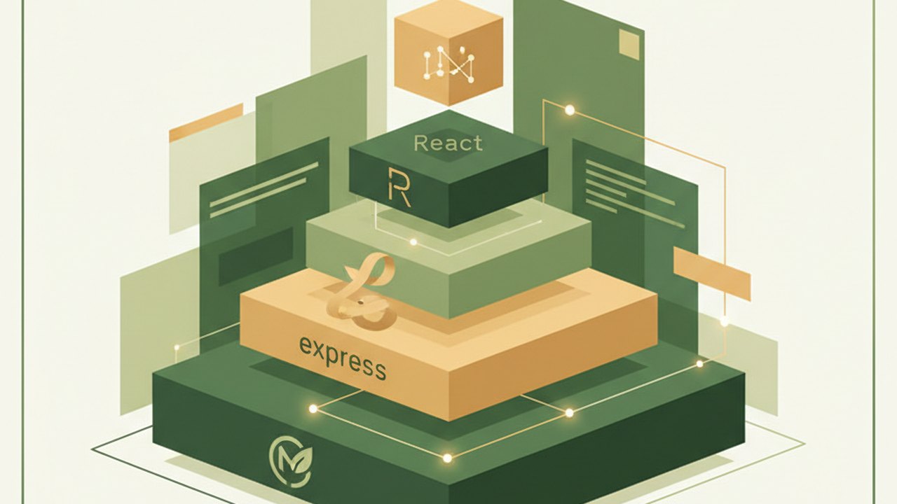 Abstract forest green and warm gold cover illustration for the Task Board with Drag & Drop project (2022), showing stacked service tiers with Mongo, Express, React, and Node glyphs.