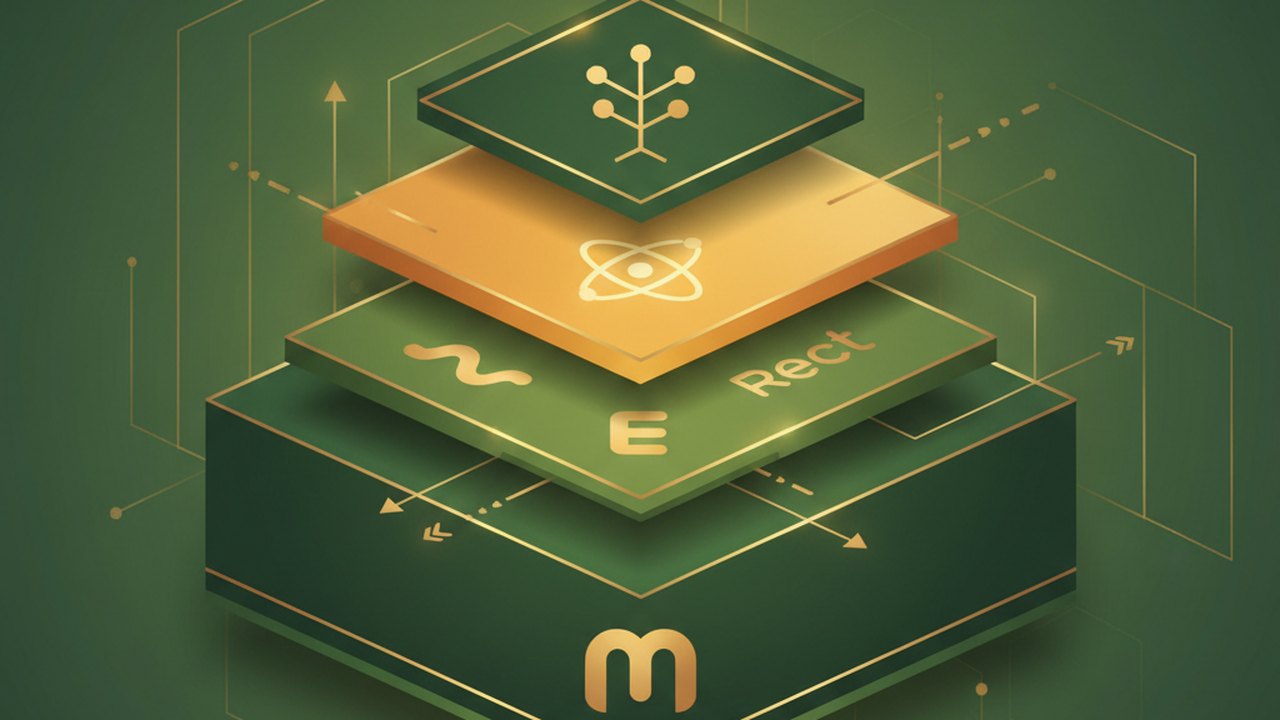 Abstract forest green and warm gold cover illustration for the Task Board with Drag & Drop project (2022), showing stacked service tiers with Mongo, Express, React, and Node glyphs.