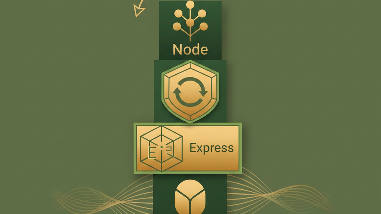 Abstract forest green and warm gold cover illustration for the URL Shortener with Analytics project (2020), showing stacked service tiers with Mongo, Express, React, and Node glyphs.