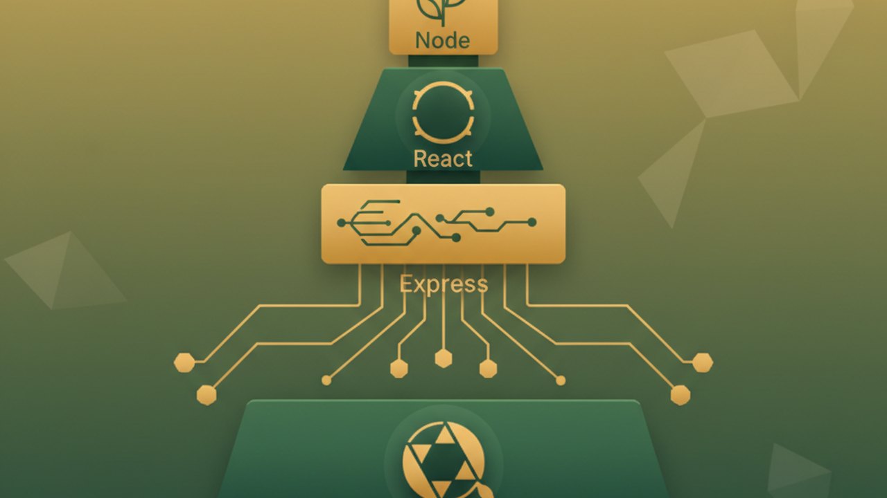 Abstract forest green and warm gold cover illustration for the URL Shortener with Analytics project (2020), showing stacked service tiers with Mongo, Express, React, and Node glyphs.