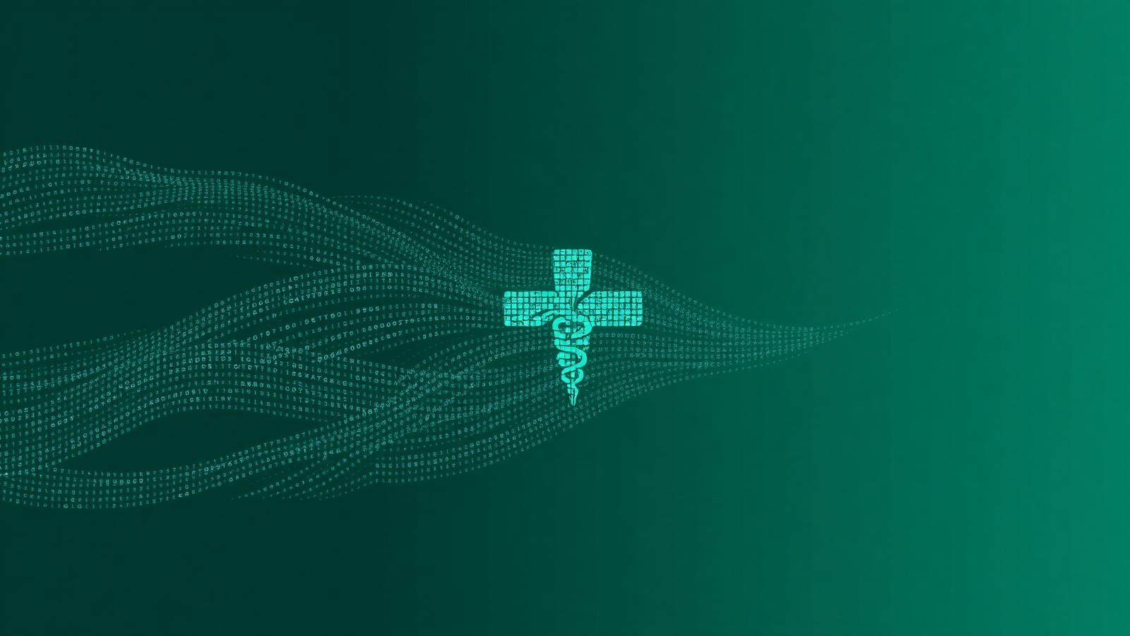 Abstract teal and mint cover illustration for the Healthcare RAG and Clinical NLP project, showing linguistic ribbons layered over a clinical-document mesh.