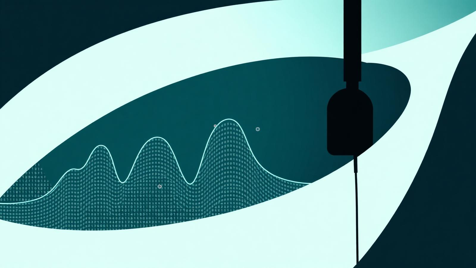 Abstract teal and mint cover illustration for the Contact Center Analytics project, showing diarized call waveforms flowing into mint scorecard tiles.