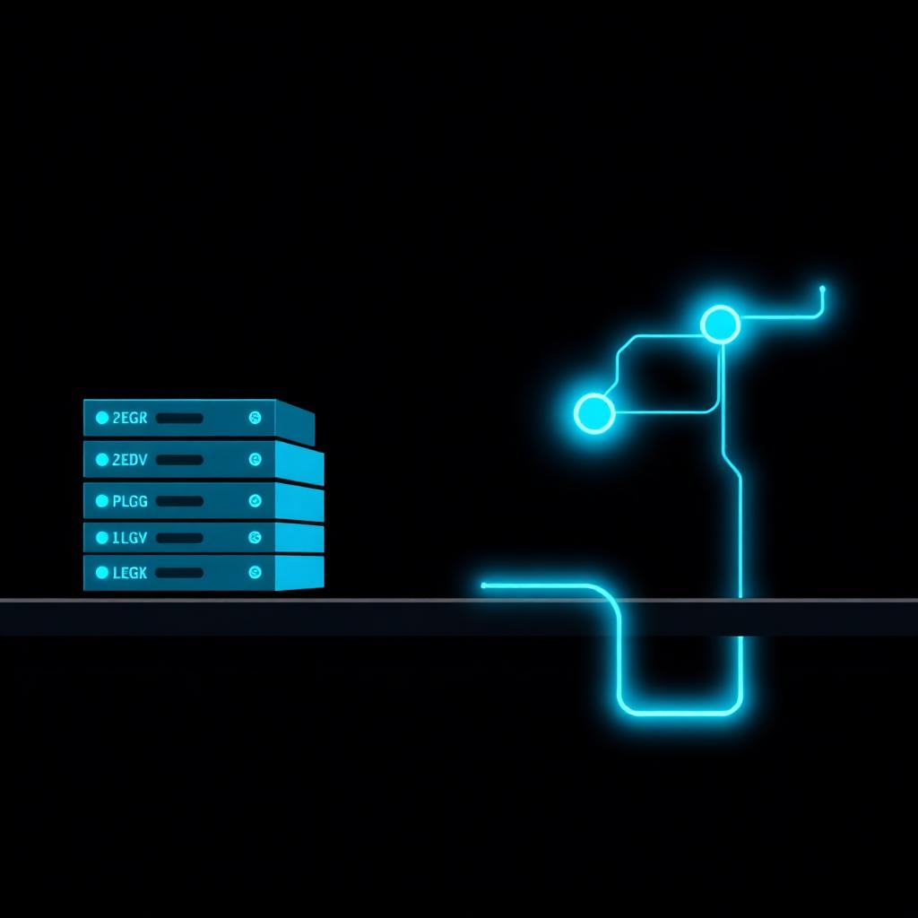 Abstract near-black and electric cyan cover illustration for the Model Registry and CI/CD project, showing versioned model artifacts on a cyan promotion pipeline.