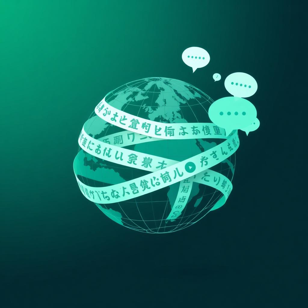 Abstract teal and mint cover illustration for the Multilingual Support Classifier project, showing multilingual token filaments routing through a mint mesh.