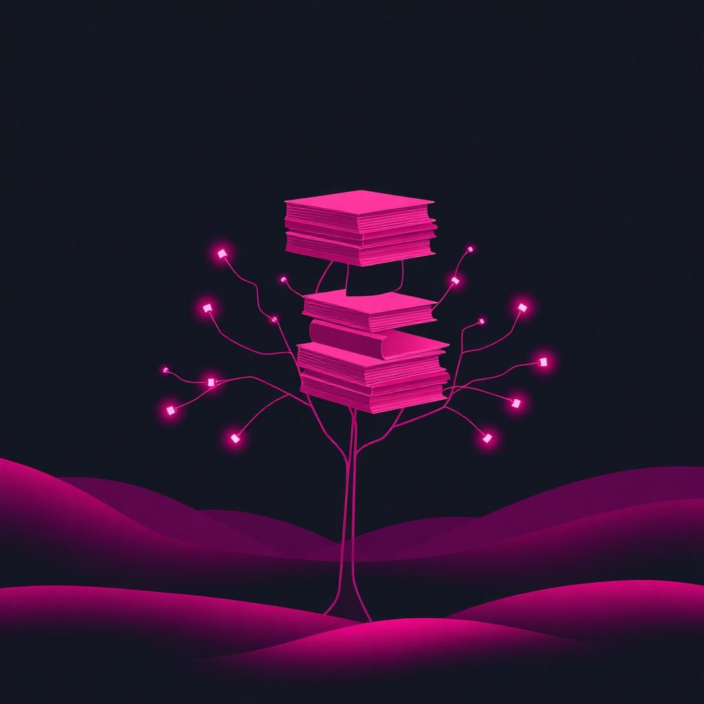 Abstract charcoal and magenta cover illustration for the Deep Research Agent project, showing a planner-executor loop with branching evidence trails in fuchsia.